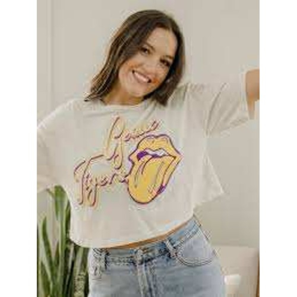 Rolling‎ Stones Geaux Tigers LSU Crop Top White Purple Yellow Livy Lu Small